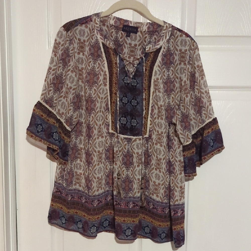 Brown and Tan Embellished Tunic with 3/4 Sleeves